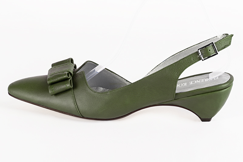 Forest green women's open back shoes, with a knot. Tapered toe. Low wedge heels. Profile view - Florence KOOIJMAN